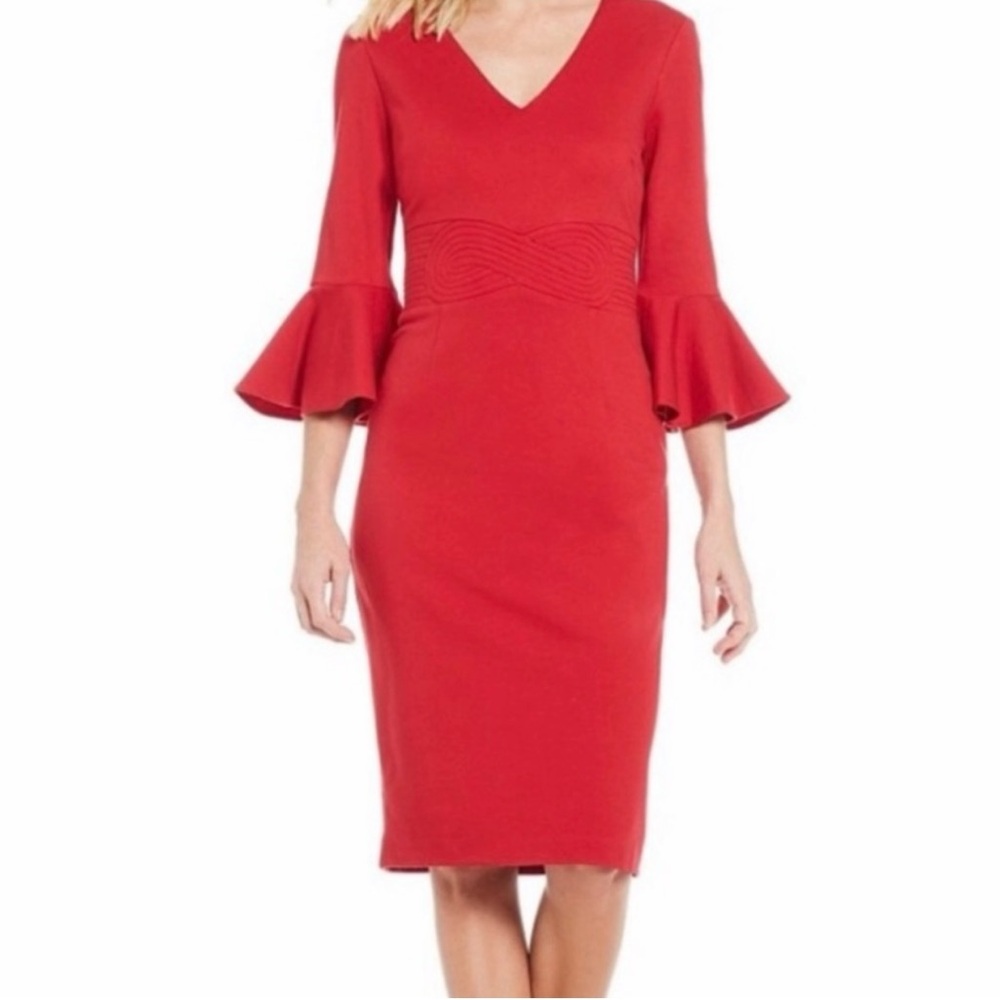 Trina Turk‎ Red Bell Sleeve V-Neck Sheath Dress